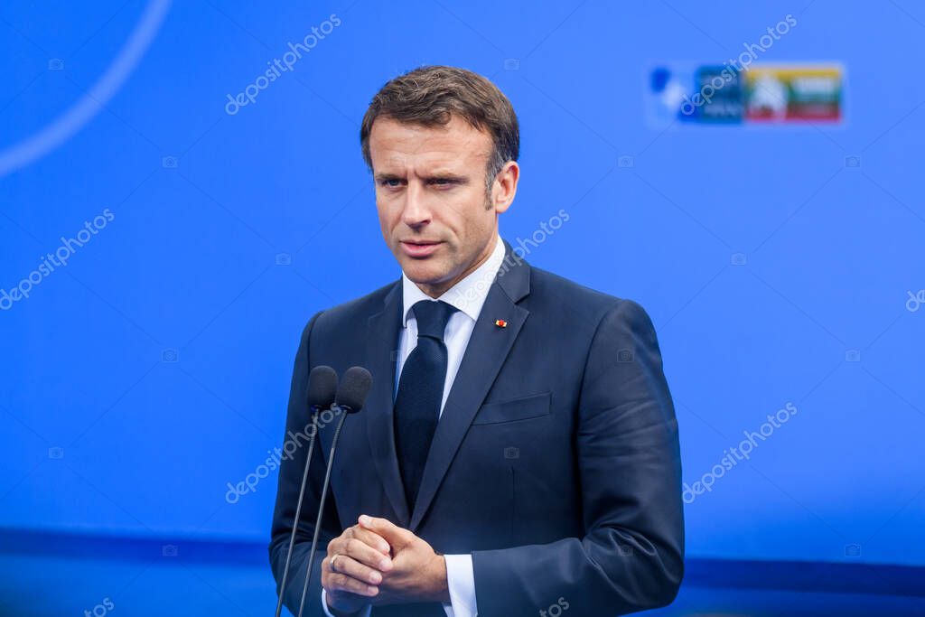VILNIUS, LITHUANIA. 11th July 2023. Emmanuel Macron, President of France, during doorstep at NATO SUMMIT 2023. Vilnius, Lithuania.