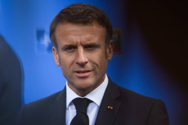 VILNIUS, LITHUANIA. 11 Temmuz 2023. Emmanuel Macron, Fransa Cumhurbaşkanı, NATO SUMIT 2023 'ün eşiğinde. Vilnius, Litvanya.