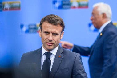 VILNIUS, LITHUANIA. 11 Temmuz 2023. Emmanuel Macron, Fransa Cumhurbaşkanı, NATO SUMIT 2023 'ün eşiğinde. Vilnius, Litvanya.