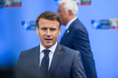 VILNIUS, LITHUANIA. 11 Temmuz 2023. Emmanuel Macron, Fransa Cumhurbaşkanı, NATO SUMIT 2023 'ün eşiğinde. Vilnius, Litvanya.