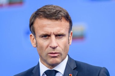 VILNIUS, LITHUANIA. 11 Temmuz 2023. Emmanuel Macron, Fransa Cumhurbaşkanı, NATO SUMIT 2023 'ün eşiğinde. Vilnius, Litvanya.