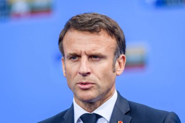 VILNIUS, LITHUANIA. 11 Temmuz 2023. Emmanuel Macron, Fransa Cumhurbaşkanı, NATO SUMIT 2023 'ün eşiğinde. Vilnius, Litvanya.