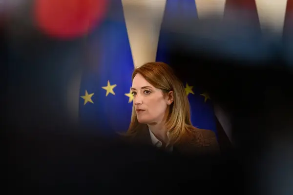 stock image RIGA, LATVIA. 12th January 2024. Roberta Metsola (at photo), President of European Parliament and Daiga Mierina, Speaker of Parliament of Latvia, during press briefing after meeting.