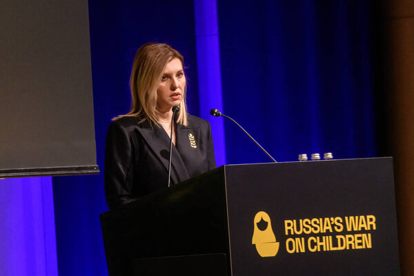 RIGA, LATVIA. 1st February 2024. Olena Zelenska, First Lady of Ukraine, during Conference Russia's War On Children.