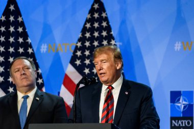 BRÜZSEL, BELGIUM. 12 Temmuz 2018. Donald Trump, Amerika Birleşik Devletleri Başkanı, NATO SuMIT 2018 'de düzenlediği basın toplantısında.