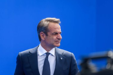11.07.2023. VILNIUS, LITHUANIA. Yunanistan Başbakanı Kyriakos Mitsotakis, NATO SUMIT 2023 'ün eşiğinde