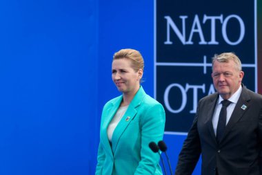 VILNIUS, LITHUANIA. 11th July 2023. Mette Frederiksen, Prime Minister of Denmark, during doorstep at  NATO SUMMIT 2024. clipart