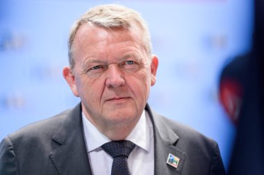 VILNIUS, LITHUANIA. 11th July 2023. Lars Lokke Rasmussen, Minister of Foreign Affairs of Denmark, during doorstep at  NATO SUMMIT 2024. clipart