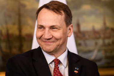 RIGA, LATVIA. 27th March 2024. Radoslaw Sikorski (at photo), Minister of Foreign Affairs of Poland meets with Edgars Rinkevics, President of Latvia. clipart