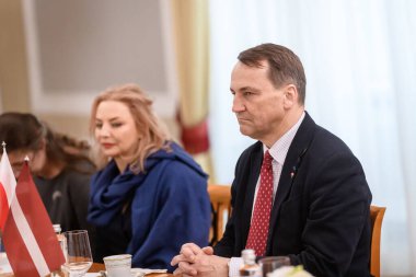 RIGA, LATVIA. 27th March 2024. Radoslaw Sikorski (at photo), Minister of Foreign Affairs of Poland meets with Edgars Rinkevics, President of Latvia. clipart