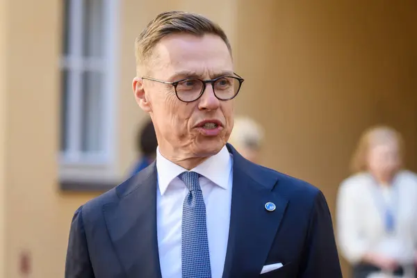 stock image RIGA, LATVIA. 11th June 2024. Alexander Stubb, President of Finland, during doorstep at NATOs Eastern Flank B9, Bucharest Nine SUMMIT 2024.