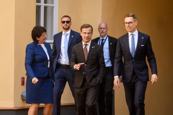 stock image RIGA, LATVIA. 11th June 2024. Alexander Stubb, President of Finland, during doorstep at NATOs Eastern Flank B9, Bucharest Nine SUMMIT 2024.