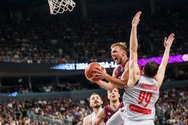 RIGA, LATVIA. 2 Temmuz 2024. FIBA OLYMPIC eleme turnuvası 2024 Gürcistan ve Letonya takımı arasında oynanan maç.