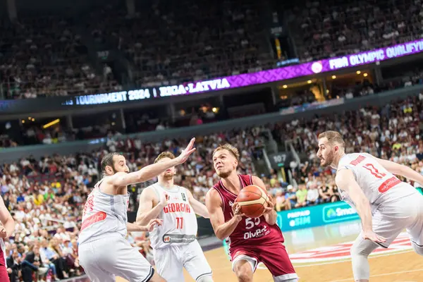 stock image RIGA, LATVIA. 2nd July 2024. FIBA OLYMPIC Qualifying tournament 2024 game between team Georgia and team Latvia.