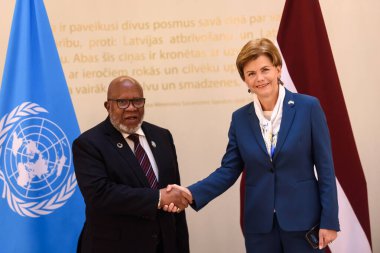 RIGA, LATVIA. 5th July 2024. Baiba Braze (R), Foreign Minister of Latvia meets with Dennis Francis (L), President of the 78th Session of the UN General Assembly. clipart