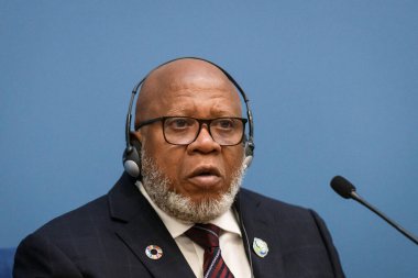 RIGA, LATVIA. 5th July 2024. Dennis Francis (at photo), President of the 78th Session of the UN General Assembly and Baiba Braze, Foreign Minister of Latvia , during press conference. clipart