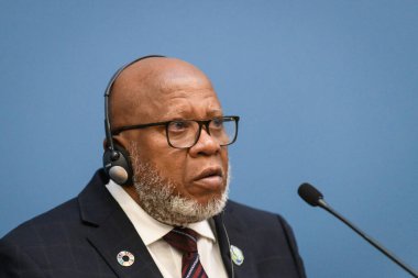 RIGA, LATVIA. 5th July 2024. Dennis Francis (at photo), President of the 78th Session of the UN General Assembly and Baiba Braze, Foreign Minister of Latvia , during press conference. clipart