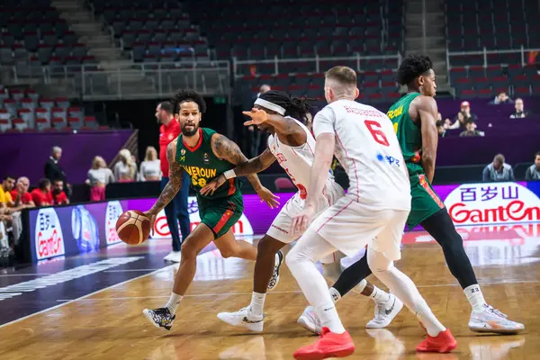 stock image RIGA, LATVIA. 3rd July 2024. FIBA OLYMPIC Qualifying tournament 2024 game between team Montenegro and team Cameroon.