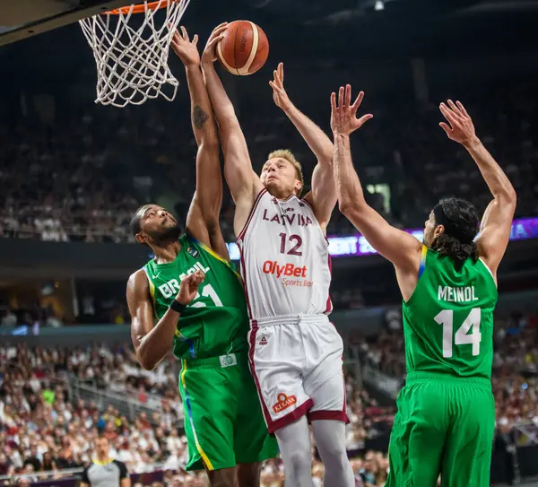 Stock image RIGA, LATVIA. 7th July 2024. FIBA OLYMPIC Qualifying tournament 2024 game between team Latvia and team Brazil.