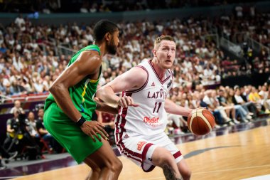 RIGA, LATVIA. 7th July 2024. FIBA OLYMPIC Qualifying tournament 2024 game between team Latvia and team Brazil. clipart