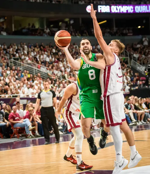 stock image RIGA, LATVIA. 7th July 2024. FIBA OLYMPIC Qualifying tournament 2024 game between team Latvia and team Brazil.