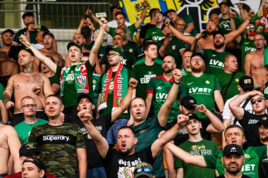 RIGA, LATVIA. 24 Temmuz 2024. Riga FC takımı ve Slask Wroclaw takımı arasında UEFA Konferans Ligi maçı.