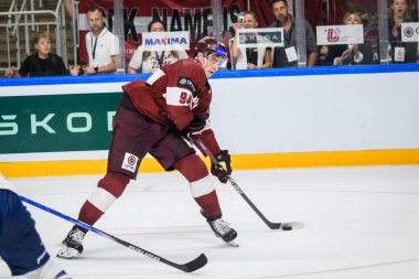 RIGA, LATVIA. 1st September 2024. IIHF Men's Final Olympic Ice Hockey Qualification game between team Latvia and team France. clipart