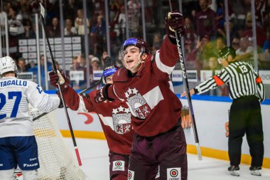 RIGA, LATVIA. 1st September 2024. IIHF Men's Final Olympic Ice Hockey Qualification game between team Latvia and team France. clipart