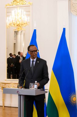 RIGA,  LATVIA. 2nd October 2024. Paul Kagame (at photo), President of Rwanda and Edgars Rinkevics, during press conference after meeting at Riga Castle. clipart