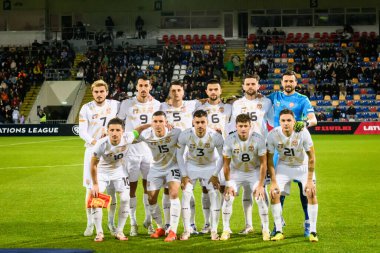 RIGA, LATVIA. 10 Ekim 2024. UEFA Ulusal Futbol Takımı Letonya ile Ulusal Futbol Takımı Kuzey Makedonya arasındaki Lider Maçı.