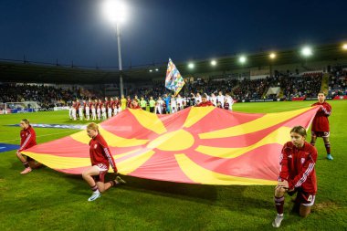 RIGA, LATVIA. 10 Ekim 2024. UEFA Ulusal Futbol Takımı Letonya ile Ulusal Futbol Takımı Kuzey Makedonya arasındaki Lider Maçı.