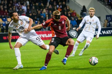 RIGA, LATVIA. 10 Ekim 2024. UEFA Ulusal Futbol Takımı Letonya ile Ulusal Futbol Takımı Kuzey Makedonya arasındaki Lider Maçı.