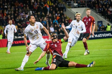 RIGA, LATVIA. 10 Ekim 2024. UEFA Ulusal Futbol Takımı Letonya ile Ulusal Futbol Takımı Kuzey Makedonya arasındaki Lider Maçı.