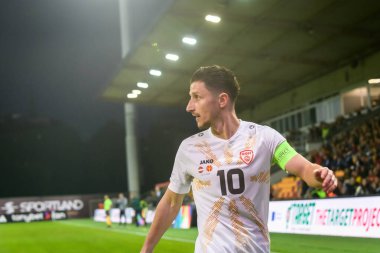 RIGA, LATVIA. 10 Ekim 2024. UEFA Ulusal Futbol Takımı Letonya ile Ulusal Futbol Takımı Kuzey Makedonya arasındaki Lider Maçı.