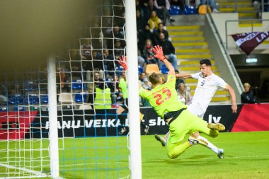 RIGA, LATVIA. 10 Ekim 2024. UEFA Ulusal Futbol Takımı Letonya ile Ulusal Futbol Takımı Kuzey Makedonya arasındaki Lider Maçı.