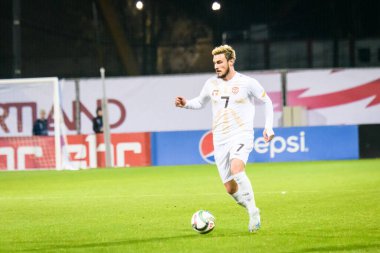 RIGA, LATVIA. 10 Ekim 2024. UEFA Ulusal Futbol Takımı Letonya ile Ulusal Futbol Takımı Kuzey Makedonya arasındaki Lider Maçı.