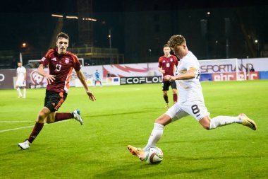 RIGA, LATVIA. 10 Ekim 2024. UEFA Ulusal Futbol Takımı Letonya ile Ulusal Futbol Takımı Kuzey Makedonya arasındaki Lider Maçı.