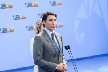 VILNIUS, LITHUANIA. 11 Temmuz 2023. Kanada Başbakanı Justin Trudeau, NATO SUMIT 2023 'ün eşiğinde. Vilnius, Litvanya.