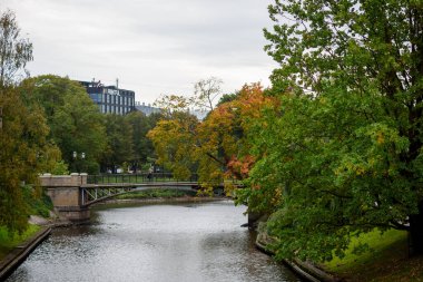 RIGA, LATVIA. 9 Ekim 2024. Seçici odak fotoğrafı. Sonbahar atmosferi. Letonya Ulusal Operası yakınlarındaki Meydan.