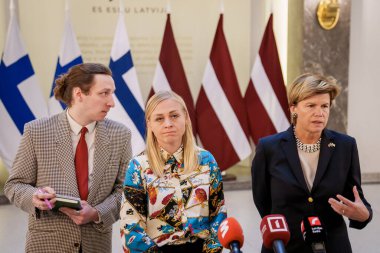 RIGA,  LATVIA. 28th January 2025. Elina Valtonen (L) Minister of Foreign Affairs of Finland and Baiba Braze (R), Minister of Foreign Affairs of Latvia, during press conference. clipart