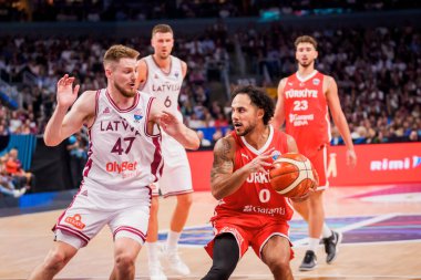 RIGA, LATVIA. 27 Ağustos 2025. FIBA EUROBASKET 2025 Ulusal Erkekler Takımı Letonya ile Milli Erkekler Takımı Türkiye arasında oynanan basketbol maçı.
