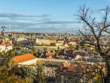 View from the gardens and vineyards of Prague Castle to picturesque Prague in the autumn setting sun. Prague, Czech Republic