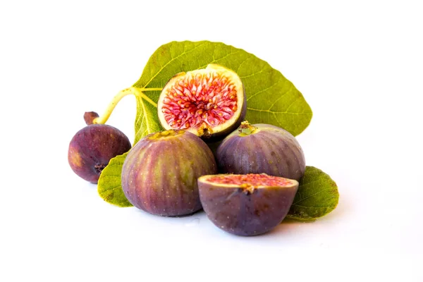 Fig Isolato Sfondo Bianco Macro Fico Frutti Freschi Con Foglia — Foto Stock