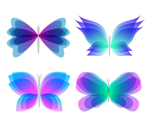 水色半透明的蝴蝶集不同的颜色渐变和形状与白色背景隔离 美丽的抽象飞行昆虫 卡通平面风格的Jpeg插图 — 图库照片