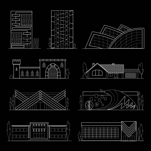 素描建筑的正面是黑色的白线风格 城市轮廓孤立的符号商店和商店 家和办公室 勾勒出城镇商业建筑 古建筑和现代建筑的图标 Jpeg — 图库照片