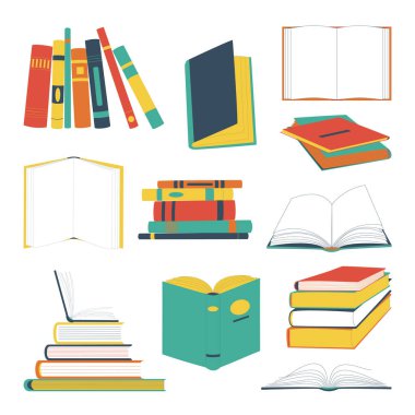 Farklı pozisyonlarda ve renklerde kitaplar. Kütüphane ve kitapçı unsurları düz bir tarzda, izole edilmiş simgeler beyaz arkaplanda. Jpeg illüstrasyonu.