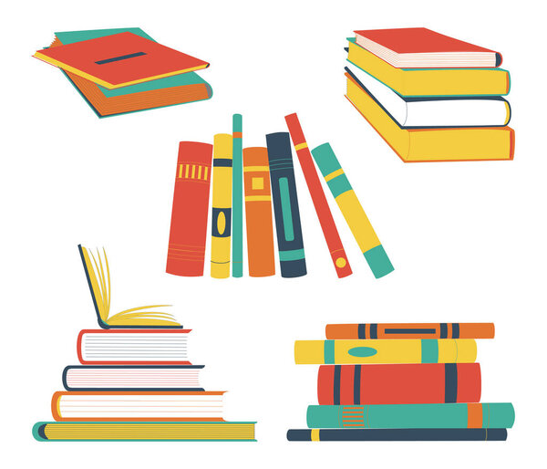 Набор стопчатых книг. Чтение, образование, преподавание, обучение элемент дизайна, выделенный на белом. Иллюстрация Jpeg.