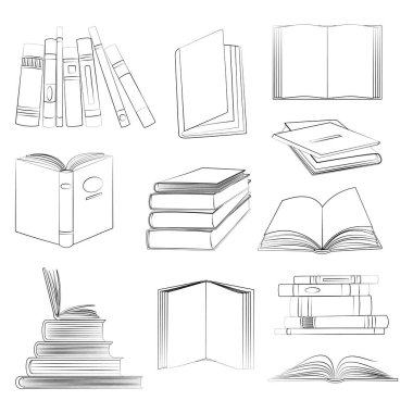 Books linear sketch symbols set. Stack, opened and closed books isolated icons set on white background. Library and bookstore elements in a flat style. Jpeg illustration.