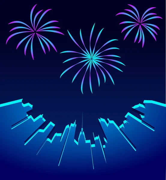 City Skyline Festive Fireworks Glowing Light City Vector Holiday Cityscape — 스톡 벡터