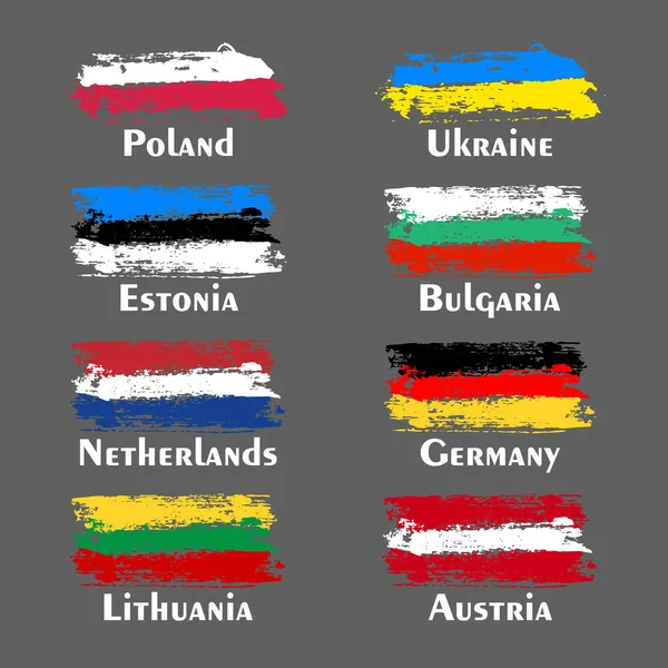 一套灰色画笔笔画风格的旗帜 国家象征波兰 乌克兰 爱沙尼亚 保加利亚 奥地利 立陶宛 乌克兰 矢量说明 — 图库矢量图片